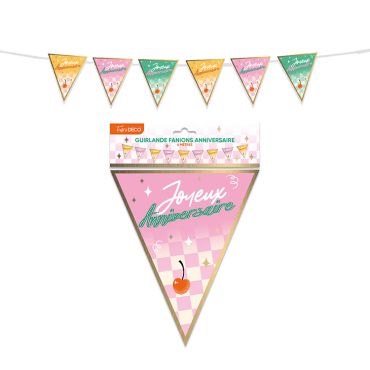 Guirlande de fanions triangulaires Joyeux Anniversaire motifs damiers pastel rose vert jaune thème Rétro Pop | jourdefete.com