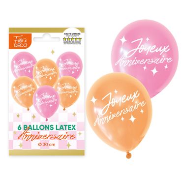 Sachet de 6 ballons en latex rose et pêche avec inscription Joyeux Anniversaire pour décoration Rétro Pop | jourdefete.com