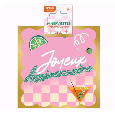 Serviettes en papier roses et dorées Joyeux Anniversaire motif cocktail thème Retro Pop | jourdefete.com Serviettes en papier roses et dorées Joyeux Anniversaire motif cocktail thème Retro Pop | jourdefete.com