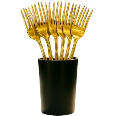 Fourchettes de fête dorées en lot de 10, présentées dans un gobelet noir | jourdefete.com Fourchettes de fête dorées en lot de 10, présentées dans un gobelet noir | jourdefete.com
