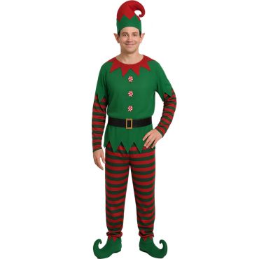 Costume de lutin de Noël pour homme adulte, tenue verte et rouge avec chapeau et ceinture | jourdefete.com