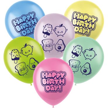 Lot de 6 ballons gonflables colorés en latex avec motifs aliments Kawaii et texte Happy Birthday | jourdefete.com Lot de 6 ballons gonflables colorés en latex avec motifs aliments Kawaii et texte Happy Birthday | jourdefete.com