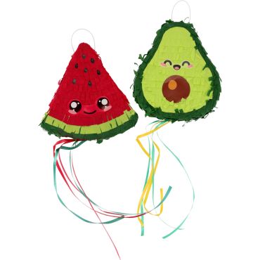 Set de deux mini piñatas kawaii représentant un avocat souriant et une tranche de pastèque | jourdefete.com Set de deux mini piñatas kawaii représentant un avocat souriant et une tranche de pastèque | jourdefete.com