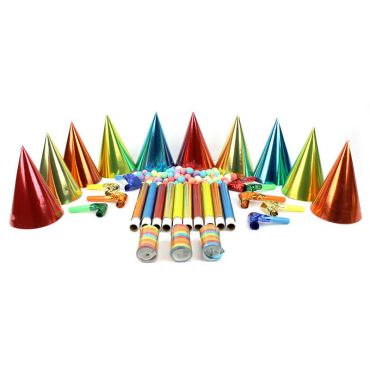 Kit cotillons métallisé pour 10 personnes avec chapeaux, sarbacanes et confettis | jourdefete.com