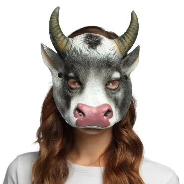 Femme portant un masque vache réaliste en latex avec cornes et museau rose | jourdefete.com