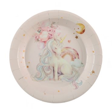 Assiettes anniversaire licorne magique roses avec arc-en-ciel et étoiles | jourdefete.com