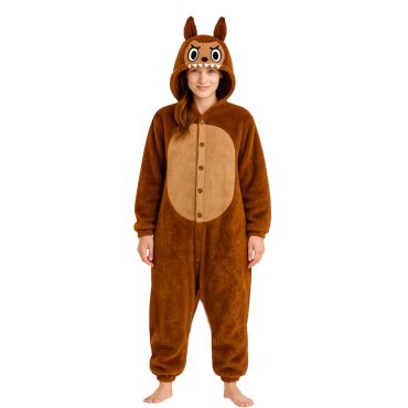 Déguisement femme monstre brun inspiré Labubu avec capuche et oreilles | jourdefete.com Déguisement femme monstre brun inspiré Labubu avec capuche et oreilles | jourdefete.com