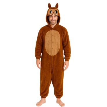 Déguisement homme monstre brun inspiré des Labubu avec capuche et combinaison intégrale | jourdefete.com