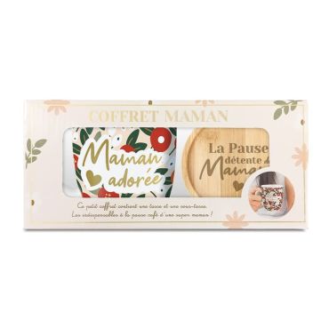 Optez pour ce coffret "Maman" contenant une tasse à café ainsi qu'une sous-tasse lors de la fête des mères | jourdefete.com