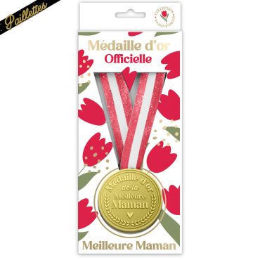 Médaille d'or de la meilleure maman avec ruban à paillettes dans son emballage fleuri | jourdefete.com Médaille d'or de la meilleure maman avec ruban à paillettes dans son emballage fleuri | jourdefete.com