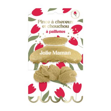 Pince à cheveux dorée Jolie Maman et chouchou à paillettes assorti sur carton fleuri | jourdefete.com Pince à cheveux dorée Jolie Maman et chouchou à paillettes assorti sur carton fleuri | jourdefete.com