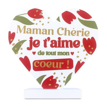 Plaque décorative en forme de cœur sur socle avec motifs tulipes et message affectueux pour la fête des mères | jourdefete.com