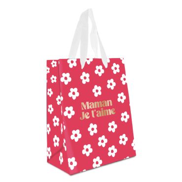 Pochette cadeau fleurie rouge avec inscription 'Maman je t'aime" | jourdefete.com