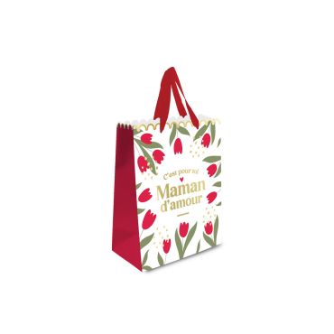Petit sac cadeau blanc à soufflets rouges décoré de tulipes fleuries et du texte C'est pour toi Maman d'amour pour emballer un cadeau de fête des mères | jourdefete.com Petit sac cadeau blanc à soufflets rouges décoré de tulipes fleuries et du texte C'est pour toi Maman d'amour pour emballer un cadeau de fête des mères | jourdefete.com