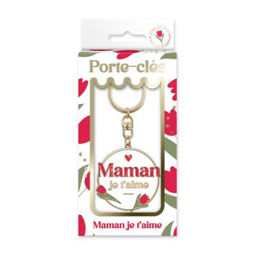 Porte-clés en métal doré et blanc avec médaillon Maman je t'aime et tulipes rouges pour la Fête des Mères | jourdefete.com Porte-clés en métal doré et blanc avec médaillon Maman je t'aime et tulipes rouges pour la Fête des Mères | jourdefete.com