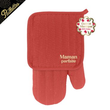 Set de cuisine gant et manique rouge en coton avec broderie dorée Maman parfaite pour la Fête des Mères | jourdefete.com Set de cuisine gant et manique rouge en coton avec broderie dorée Maman parfaite pour la Fête des Mères | jourdefete.com