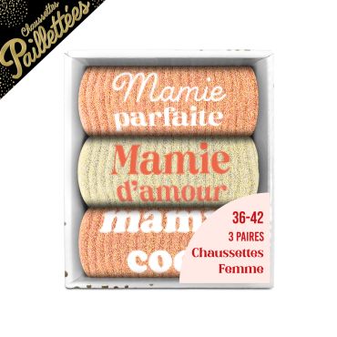 Coffret trio de chaussettes pailletées Mamie messages affectueux cadeau fête des grands-mères | jourdefete.com Coffret trio de chaussettes pailletées Mamie messages affectueux cadeau fête des grands-mères | jourdefete.com