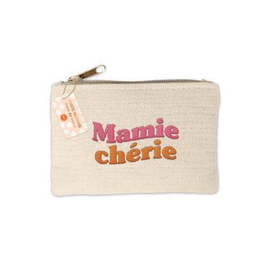 Porte-monnaie beige brodé "Mamie Chérie" en tissu doux | jourdefete.com