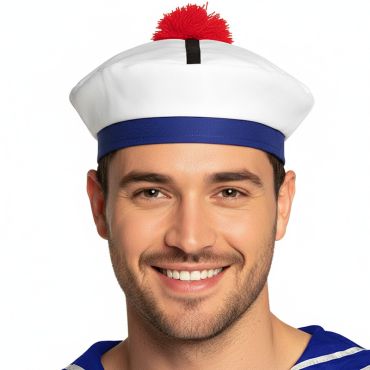 Béret marin blanc à pompon rouge pour déguisement festif | jourdefete.com