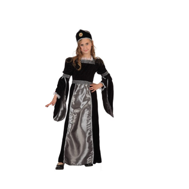 Deguisement Princesse Medievale Noir et Argent Velours Fille Taille au Choix