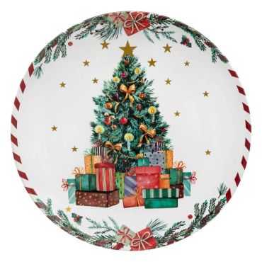 Assiette de présentation Noël décor sapin entouré de cadeaux et motifs festifs | jourdefete.com Assiette de présentation Noël décor sapin entouré de cadeaux et motifs festifs | jourdefete.com