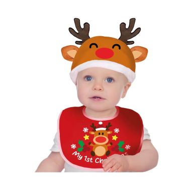 Bébé avec bonnet renne et bavoir Mon 1er Noël | jourdefete.com