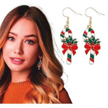 Boucles d’oreilles avec cannes de Noël émaillées rouge vert blanc avec nœud et houx, crochet doré – accessoire fête | jourdefete.com