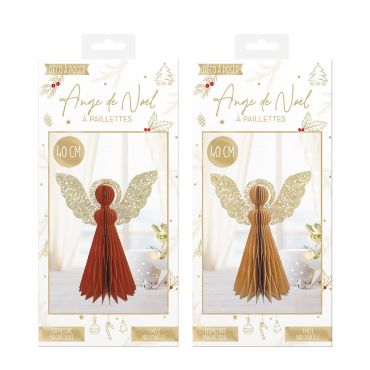 Ange de Noël en papier nid d’abeille rouge ou doré avec ailes pailletées | jourdefete.com