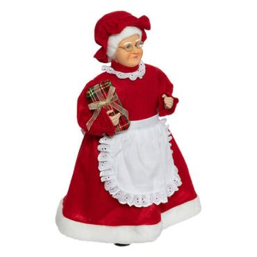 Figurine Mère Noël tenant un cadeau, robe rouge et tablier blanc | jourdefete.com