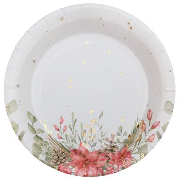 Assiettes Bouquet d’Hiver Noël Enchanté avec motifs fleuris et dorés | jourdefete.com