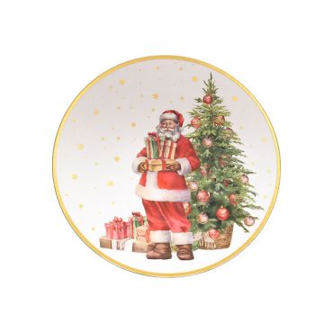 Assiette de présentation Père Noël et sapin décoré, ambiance festive et dorée | jourdefete.com