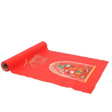 Chemin de table Noël enfantin rouge avec inscription Joyeux Noël et motif boule à neige | jourdefete.com