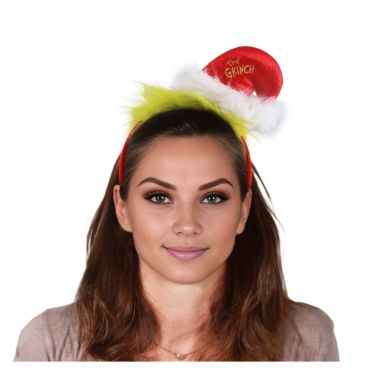 Serre-tête The Grinch avec mini chapeau rouge et plumes vertes | jourdefete.com