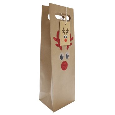 Sac cadeau bouteille kraft renne Noël 13x40x10,5 cm | jourdefete.com
