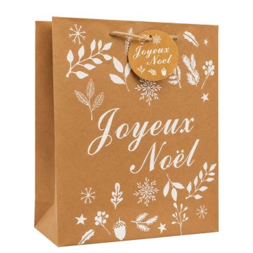 Sac cadeau kraft de Noël en papier - Joyeux Noël Blanc - Taille M