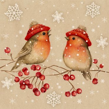 Serviettes en papier Noël avec deux rouges-gorges en bonnet rouge et flocons de neige | jourdefete.com