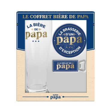 Coffret cadeau bière bleu et or pour papa avec grand verre et décapsuleur | jourdefete.com