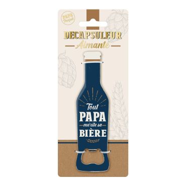 Décapsuleur aimanté “Tout papa mérite sa bière” en forme de bouteille | jourdefete.com