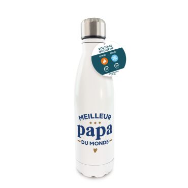 Bouteille isotherme blanche avec l'inscription Meilleur Papa du Monde en bleu et doré pour un cadeau de fête des pères | jourdefete.com