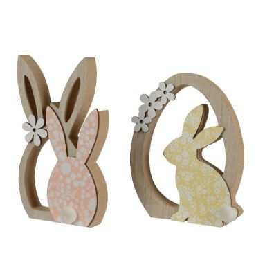 Décoration de Pâques en bois en forme de lapin avec motifs floraux et pompon | jourdefete.com