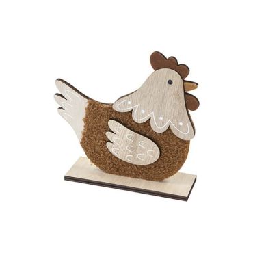 Poule en bois et laine sur support pour Pâques | jourdefete.com