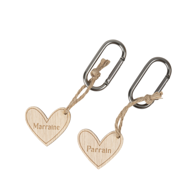 2 porte-clés en bois "Parrain / Marraine" avec mousquetons - 4 x 12 cm | jourdefete.com