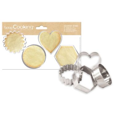 Set de 4 emporte-pièces en inox pour biscuits en forme de cœur, hexagone, rond et festonné | jourdefete.com