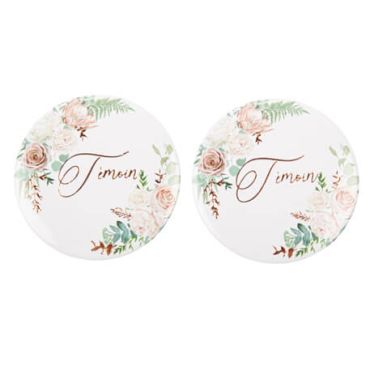 2 badges témoins en rose gold et végétal | jourdefete.com