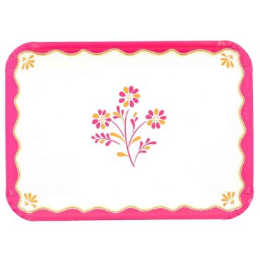 Plateaux rectangulaires en carton rigide blanc décor floral rose orange et citron pour réception | jourdefete.com