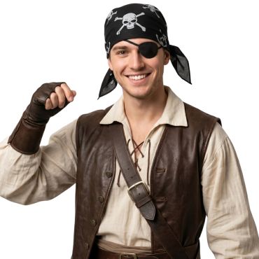 Homme portant un bandana de pirate noir avec des motifs de tête de mort | jourdefete.com