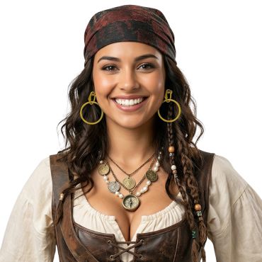 Femme souriante portant de larges boucles d'oreilles anneaux dorés avec un costume de pirate complet | jourdefete.com