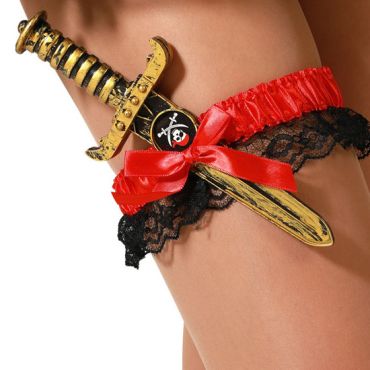 Jarretière pirate avec faux poignard doré tenue sur dentelle noire et ruban rouge | jourdefete.com Jarretière pirate avec faux poignard doré tenue sur dentelle noire et ruban rouge | jourdefete.com