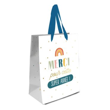 Pochette cadeau blanche avec pois dorés et texte "Merci pour cette super année !" et poignées bleues | jourdefete.com