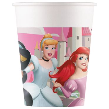 Gobelets en carton Princesses Disney avec Jasmine, Cendrillon et Ariel devant un château rose | jourdefete.com